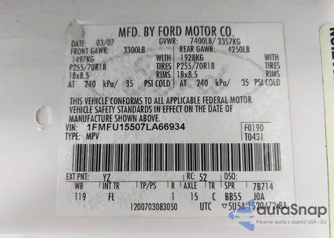 2007 Ford Expedition Xlt из США, поврежденный, VIN 1FMFU15507LA66934